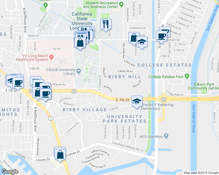 map of restaurants, bars, coffee shops, grocery stores, and more near 6201 Riviera Circle in Long Beach