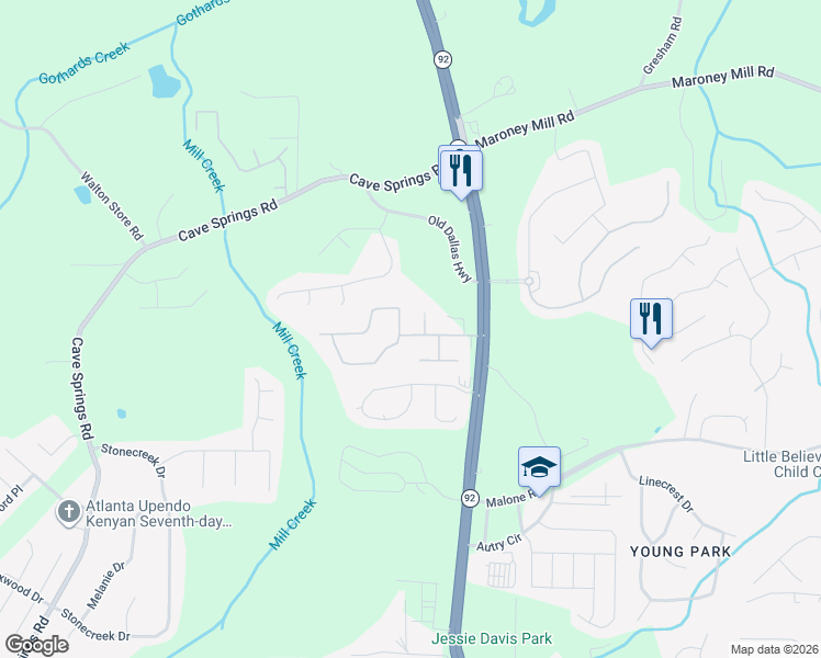 map of restaurants, bars, coffee shops, grocery stores, and more near 6184 Stanley Drive in Douglasville