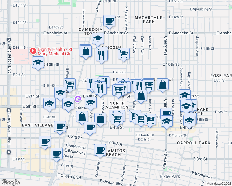 map of restaurants, bars, coffee shops, grocery stores, and more near 1331 East 7th Street in Long Beach