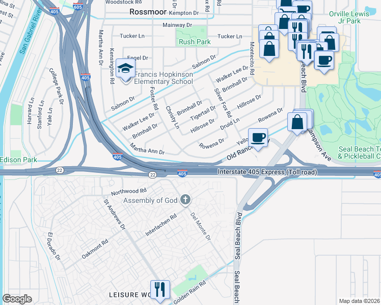 map of restaurants, bars, coffee shops, grocery stores, and more near 2951 Yellowtail Drive in Los Alamitos