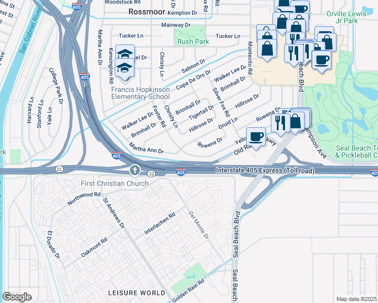 map of restaurants, bars, coffee shops, grocery stores, and more near 2951 Yellowtail Drive in Los Alamitos