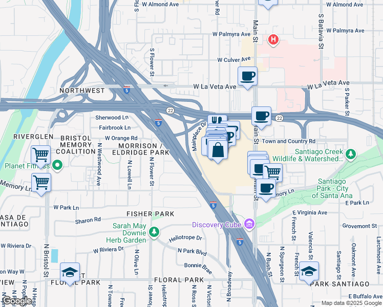 map of restaurants, bars, coffee shops, grocery stores, and more near Santa Ana Fwy in Santa Ana