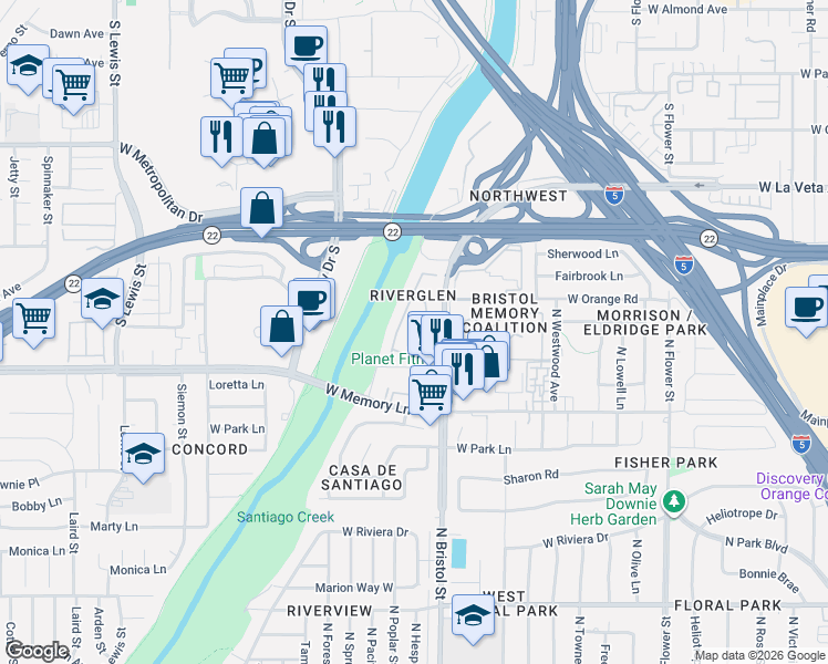 map of restaurants, bars, coffee shops, grocery stores, and more near 2829 Sawgrass Drive in Santa Ana