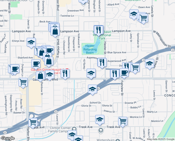 map of restaurants, bars, coffee shops, grocery stores, and more near 12901 Sungrove Street in Garden Grove