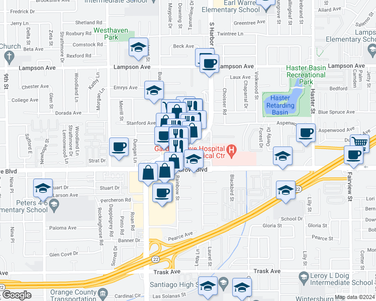 map of restaurants, bars, coffee shops, grocery stores, and more near 12392 El Rey Place in Garden Grove