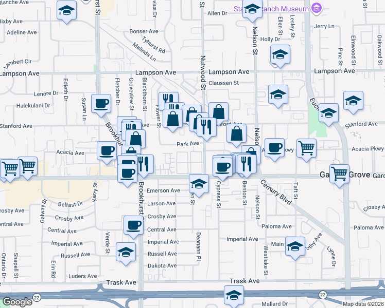 map of restaurants, bars, coffee shops, grocery stores, and more near 10411 Garden Grove Boulevard in Garden Grove