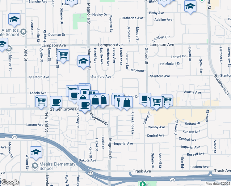 map of restaurants, bars, coffee shops, grocery stores, and more near 12891 Shackelford Lane in Garden Grove