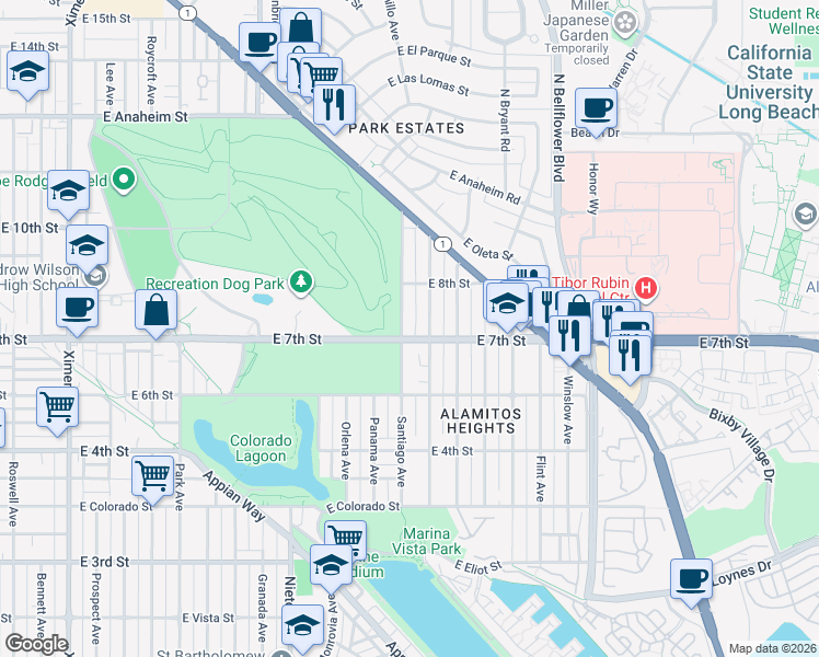 map of restaurants, bars, coffee shops, grocery stores, and more near 710 Santiago Avenue in Long Beach