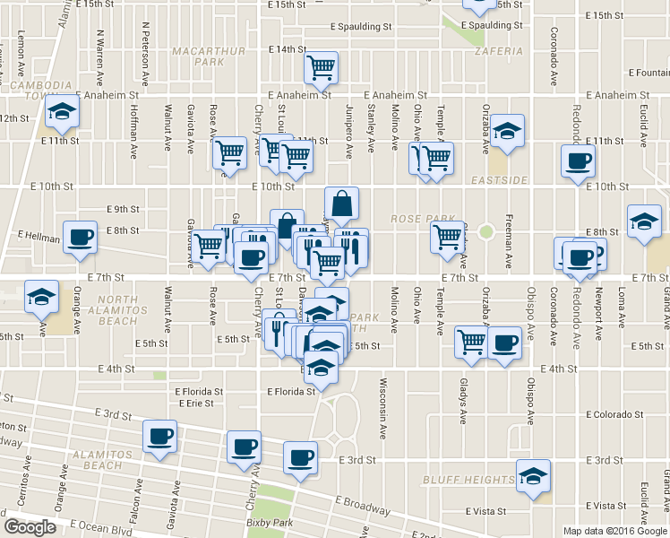 map of restaurants, bars, coffee shops, grocery stores, and more near 2317 East 7th Street in Long Beach