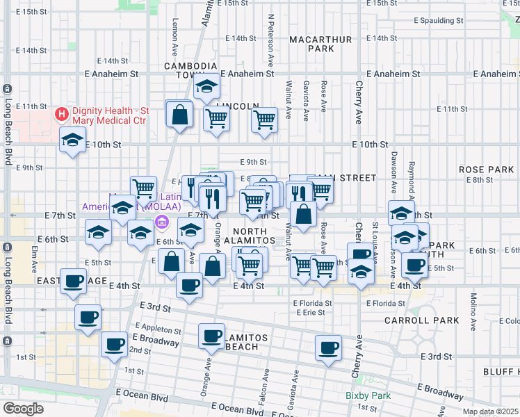 map of restaurants, bars, coffee shops, grocery stores, and more near 1339 East 7th Street in Long Beach