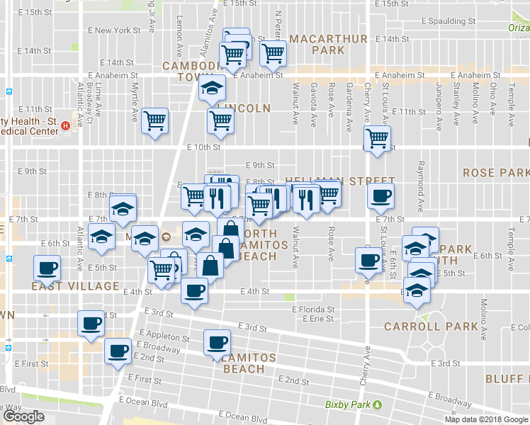 map of restaurants, bars, coffee shops, grocery stores, and more near 1339 East 7th Street in Long Beach