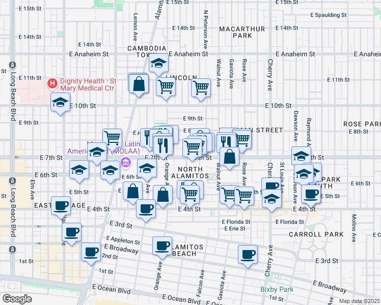 map of restaurants, bars, coffee shops, grocery stores, and more near 1339 East 7th Street in Long Beach