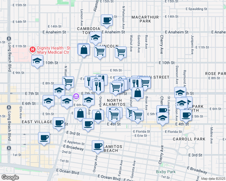 map of restaurants, bars, coffee shops, grocery stores, and more near 1339 East 7th Street in Long Beach