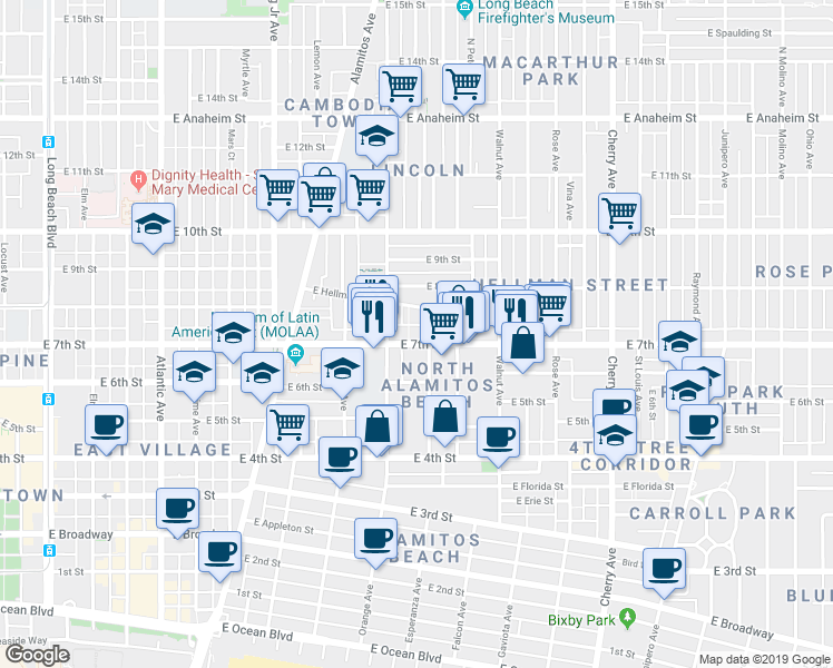 map of restaurants, bars, coffee shops, grocery stores, and more near 1339 East 7th Street in Long Beach