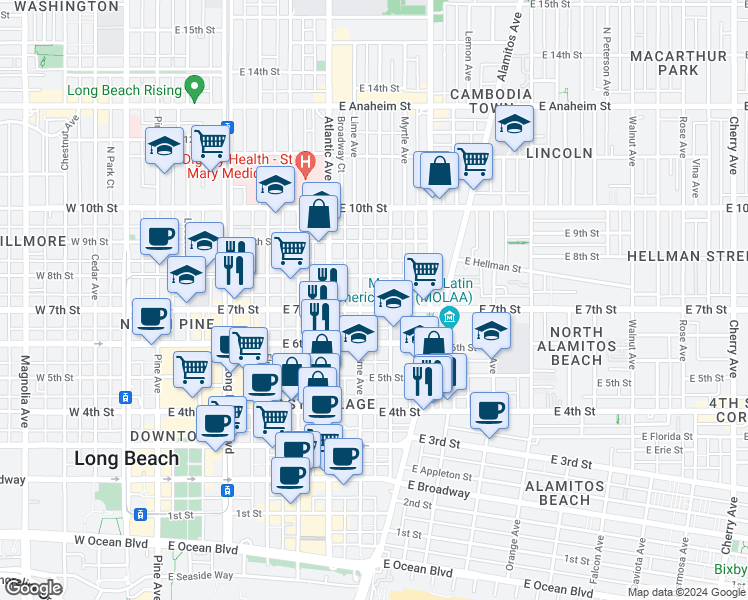 map of restaurants, bars, coffee shops, grocery stores, and more near 707 East 7th Street in Long Beach