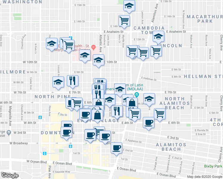 map of restaurants, bars, coffee shops, grocery stores, and more near 707 East 7th Street in Long Beach