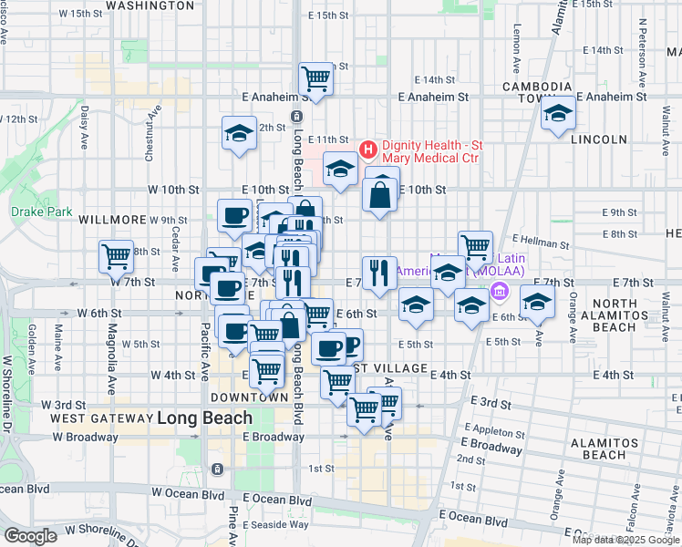 map of restaurants, bars, coffee shops, grocery stores, and more near 357 East 7th Street in Long Beach