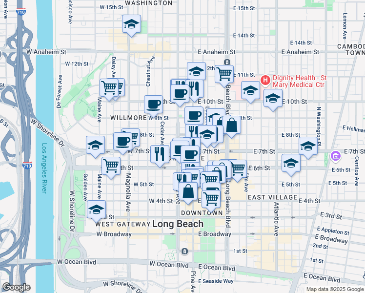 map of restaurants, bars, coffee shops, grocery stores, and more near 703 Pacific Avenue in Long Beach
