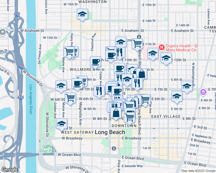 map of restaurants, bars, coffee shops, grocery stores, and more near 703 Pacific Avenue in Long Beach