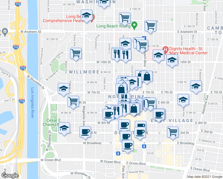 map of restaurants, bars, coffee shops, grocery stores, and more near 703 Pacific Avenue in Long Beach