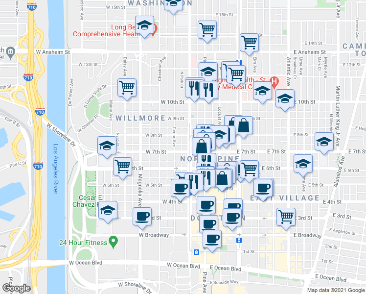 map of restaurants, bars, coffee shops, grocery stores, and more near 703 Pacific Avenue in Long Beach