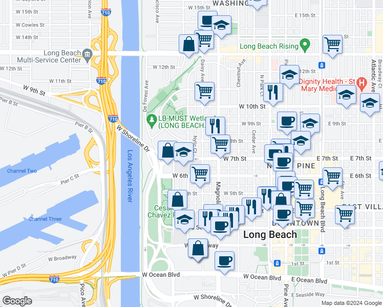 map of restaurants, bars, coffee shops, grocery stores, and more near 619 West 7th Street in Long Beach