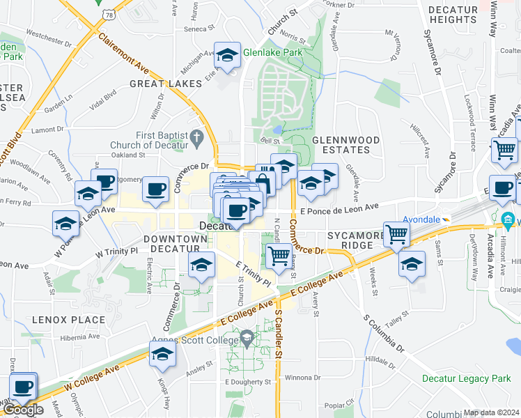 map of restaurants, bars, coffee shops, grocery stores, and more near 216 East Ponce de Leon Avenue in Decatur
