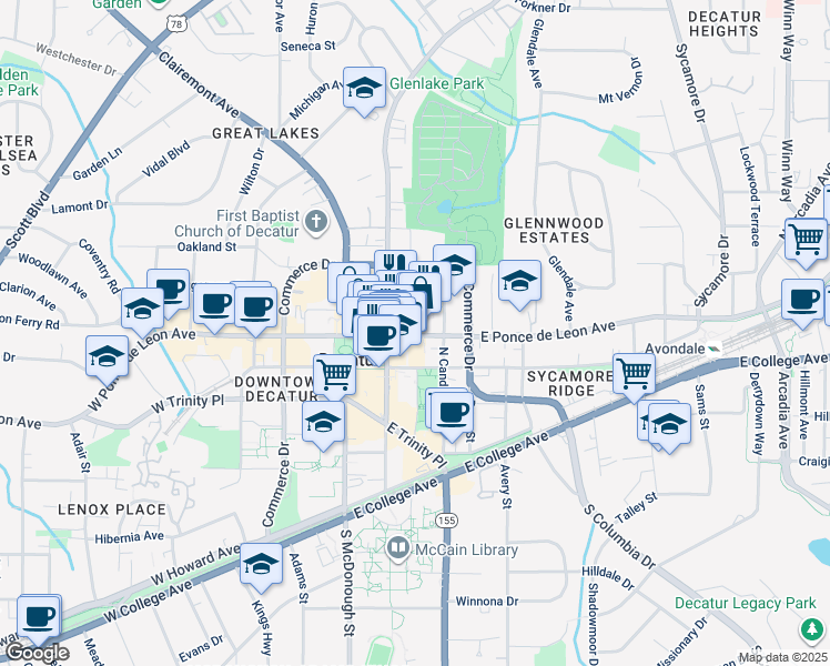 map of restaurants, bars, coffee shops, grocery stores, and more near 216 East Ponce de Leon Avenue in Decatur