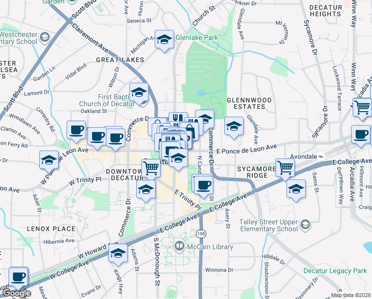 map of restaurants, bars, coffee shops, grocery stores, and more near 216 East Ponce de Leon Avenue in Decatur
