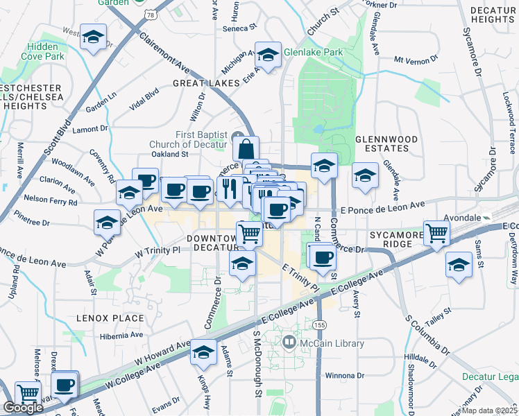 map of restaurants, bars, coffee shops, grocery stores, and more near in Decatur