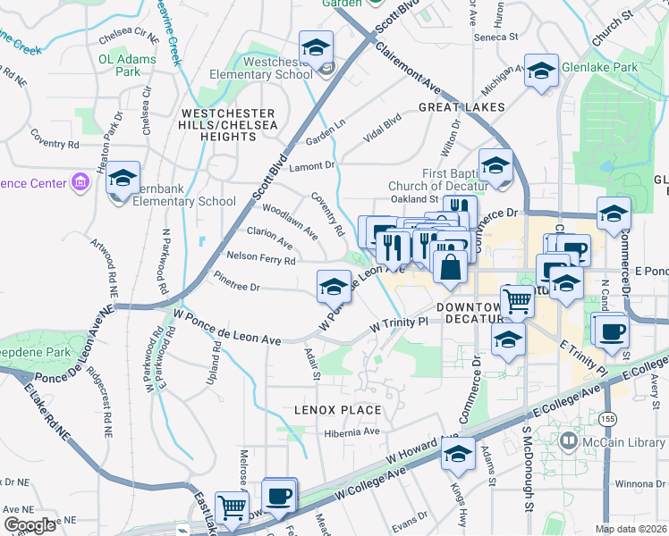 map of restaurants, bars, coffee shops, grocery stores, and more near 218 Nelson Ferry Road in Decatur