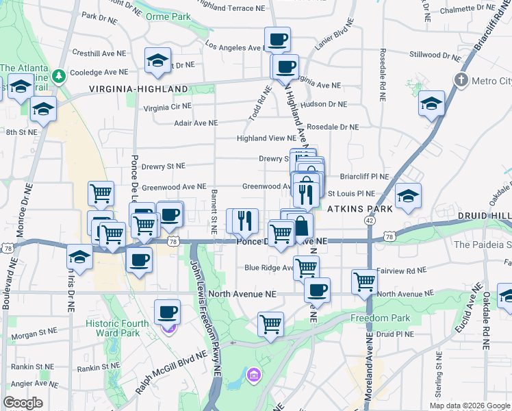 map of restaurants, bars, coffee shops, grocery stores, and more near 980 Saint Charles Avenue Northeast in Atlanta