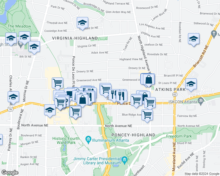 map of restaurants, bars, coffee shops, grocery stores, and more near 886 Saint Charles Avenue Northeast in Atlanta
