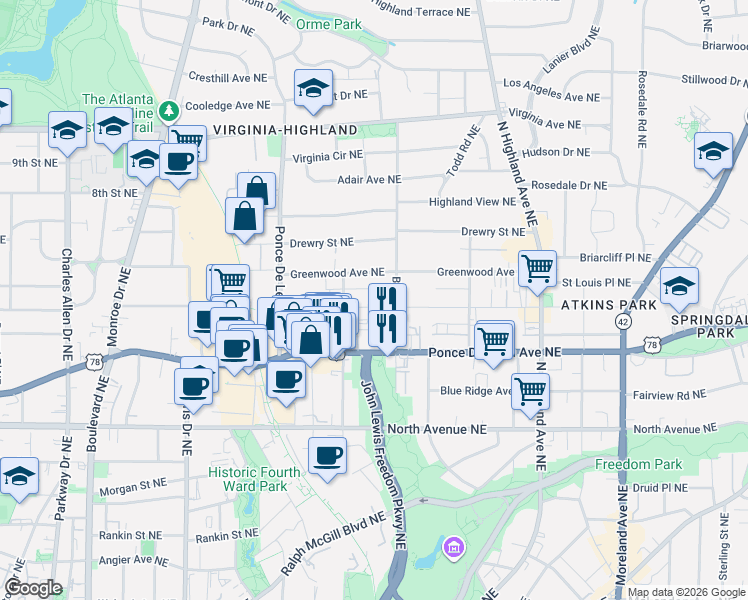 map of restaurants, bars, coffee shops, grocery stores, and more near 836 Saint Charles Avenue Northeast in Atlanta