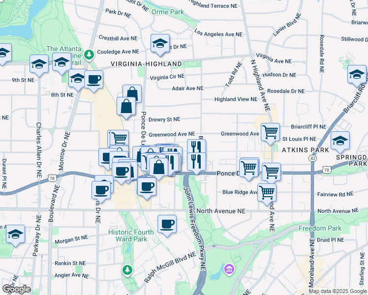 map of restaurants, bars, coffee shops, grocery stores, and more near 836 Saint Charles Avenue Northeast in Atlanta