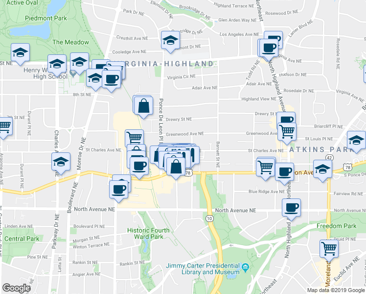 map of restaurants, bars, coffee shops, grocery stores, and more near 776 Saint Charles Avenue Northeast in Atlanta