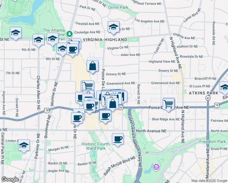 map of restaurants, bars, coffee shops, grocery stores, and more near 791 Saint Charles Avenue Northeast in Atlanta