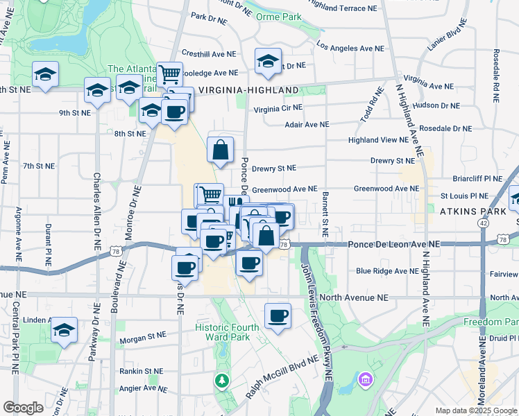 map of restaurants, bars, coffee shops, grocery stores, and more near 744 Saint Charles Avenue Northeast in Atlanta