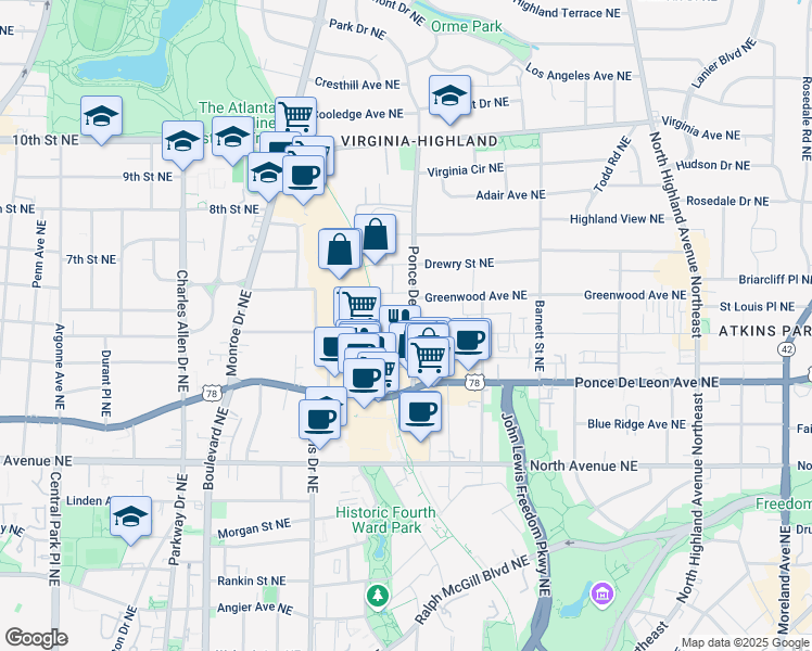 map of restaurants, bars, coffee shops, grocery stores, and more near 784 Ponce De Leon Place Northeast in Atlanta