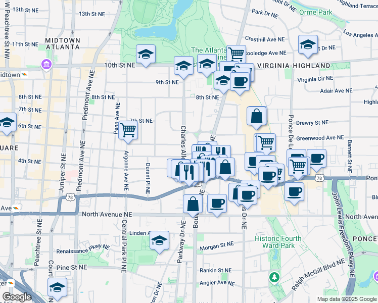 map of restaurants, bars, coffee shops, grocery stores, and more near 773 Vedado Way Northeast in Atlanta