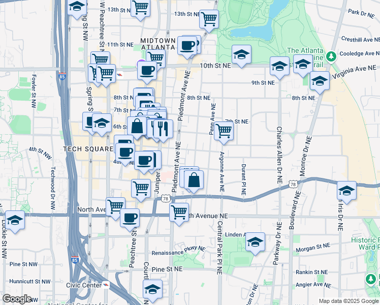 map of restaurants, bars, coffee shops, grocery stores, and more near 761 Piedmont Avenue Northeast in Atlanta