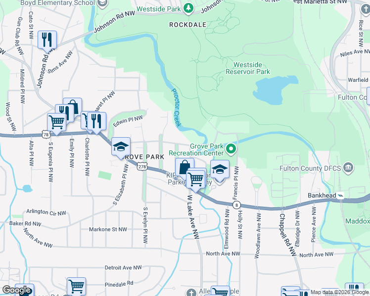 map of restaurants, bars, coffee shops, grocery stores, and more near 1710 Hortense Place Northwest in Atlanta