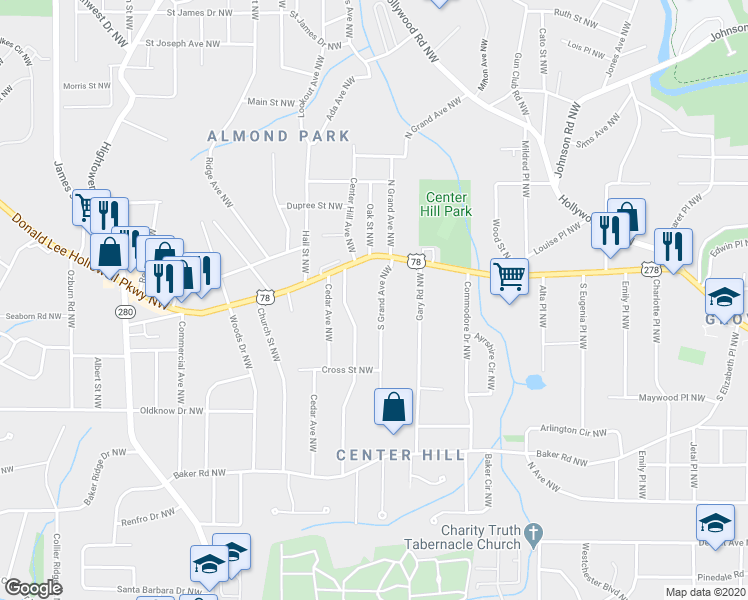 map of restaurants, bars, coffee shops, grocery stores, and more near 735 Center Hill Avenue Northwest in Atlanta