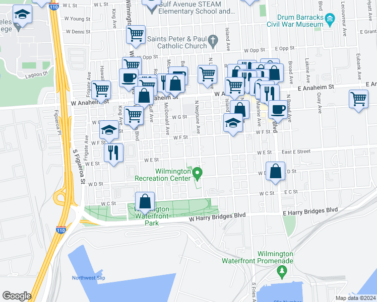 map of restaurants, bars, coffee shops, grocery stores, and more near 512 Bay View Avenue in Los Angeles