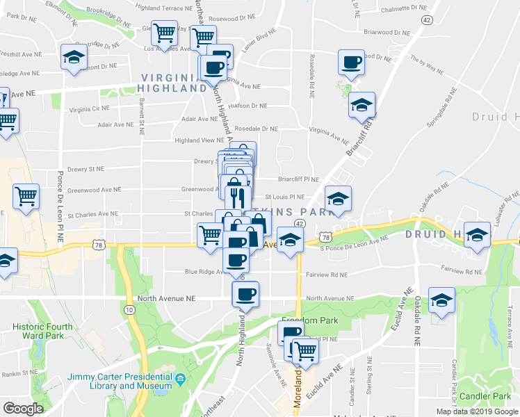 map of restaurants, bars, coffee shops, grocery stores, and more near 1102 Saint Charles Place Northeast in Atlanta