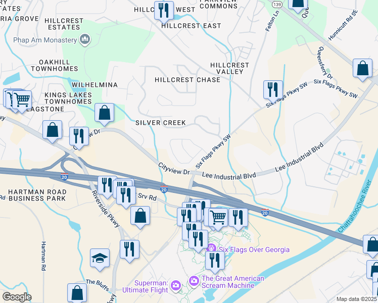 map of restaurants, bars, coffee shops, grocery stores, and more near 7475 Silver Arrow Trail Southeast in Austell