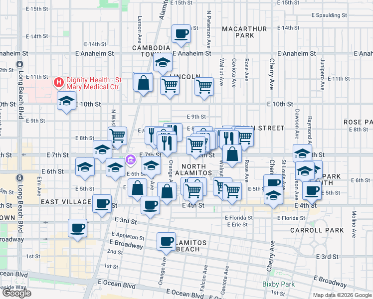 map of restaurants, bars, coffee shops, grocery stores, and more near 1339 East 7th Street in Long Beach