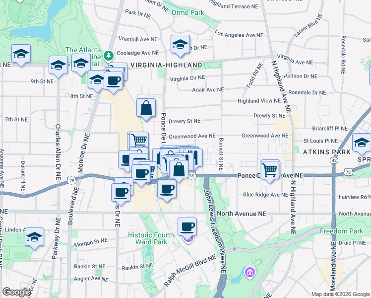 map of restaurants, bars, coffee shops, grocery stores, and more near 776 Saint Charles Avenue Northeast in Atlanta