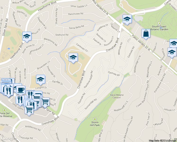 map of restaurants, bars, coffee shops, grocery stores, and more near 27351 Rainbow Ridge Road in Rolling Hills