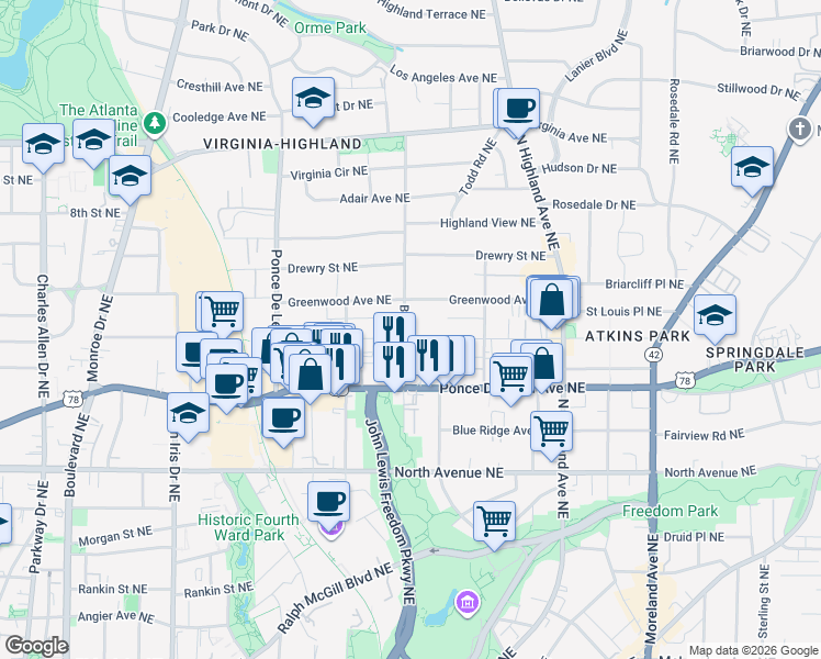 map of restaurants, bars, coffee shops, grocery stores, and more near 886 Saint Charles Avenue Northeast in Atlanta